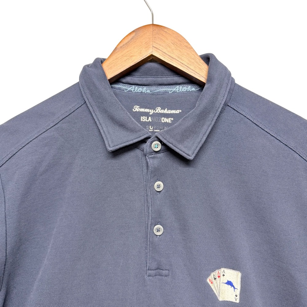 Tommy Bahama Polo Shirt Mens L Blue Islandzone Fit Poker Cards Marlin Embroidery